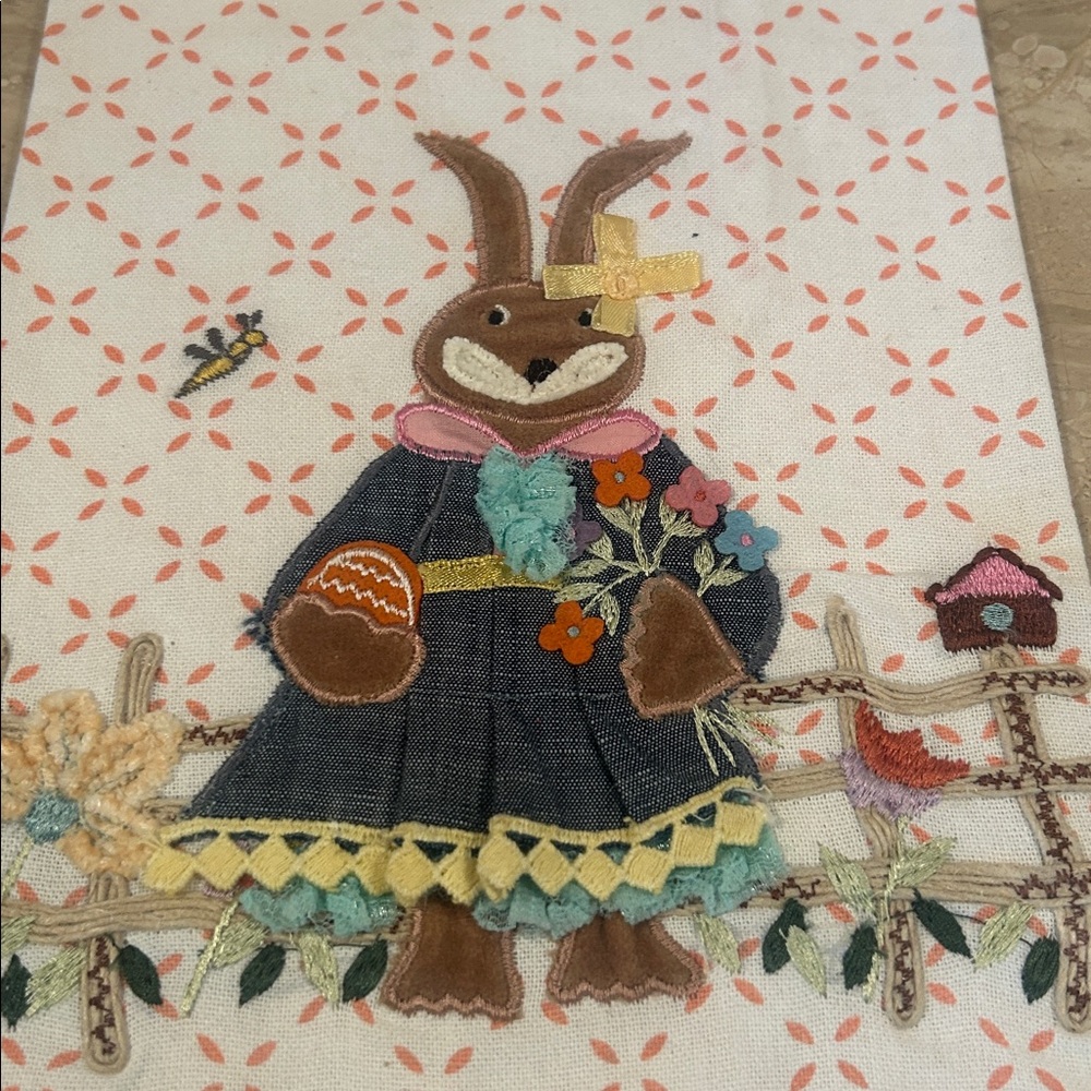 NWT Pier 1 Imports Embroidered Bunny Tea Towel with Pink Ruffle